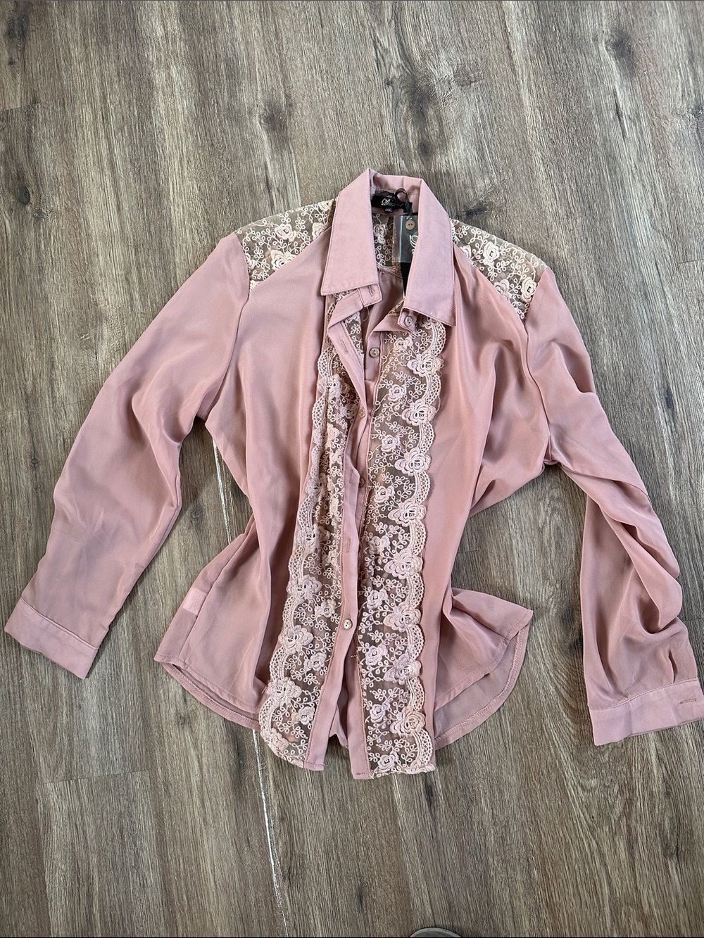 Dusty Rose Lace Trim Button-Down Shirt